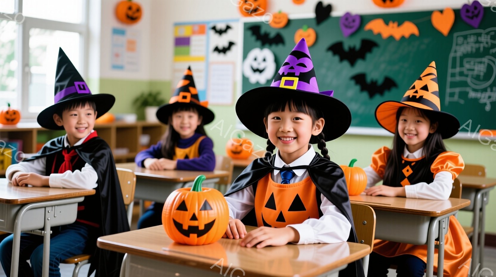 教室でハロウィンの衣装を着た4人の子供たちが描かれています。みんな黒い魔女帽子をかぶり、それぞれ異なる色の衣装を着ています。明るい笑顔でカメラを見つめ、机の上にはハロウィンのカボチャが置かれています。