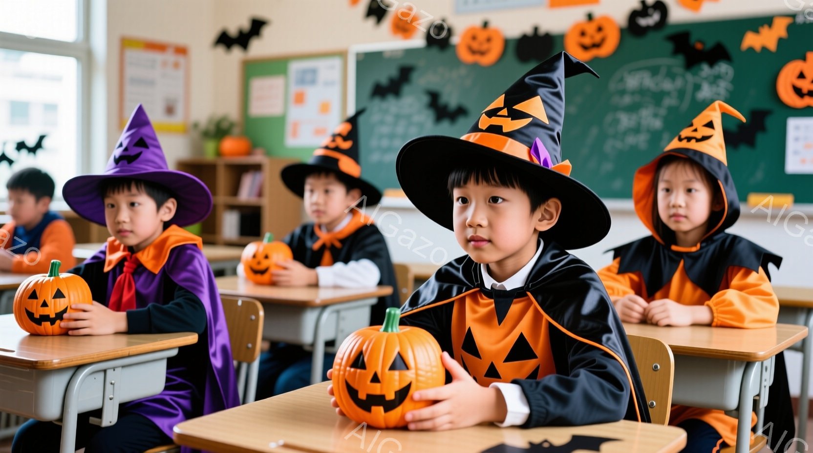 教室で、ハロウィーンの衣装を着た子どもたちが机に座っています。黒い帽子と紫やオレンジのケープを着て、それぞれ手に小さなジャック・オ・ランタンの置物を抱えています。背景には、ハロウィーンの装飾が施された黒板と、他の子供たちが写っており、全体的に楽しげで活気のある雰囲気です。