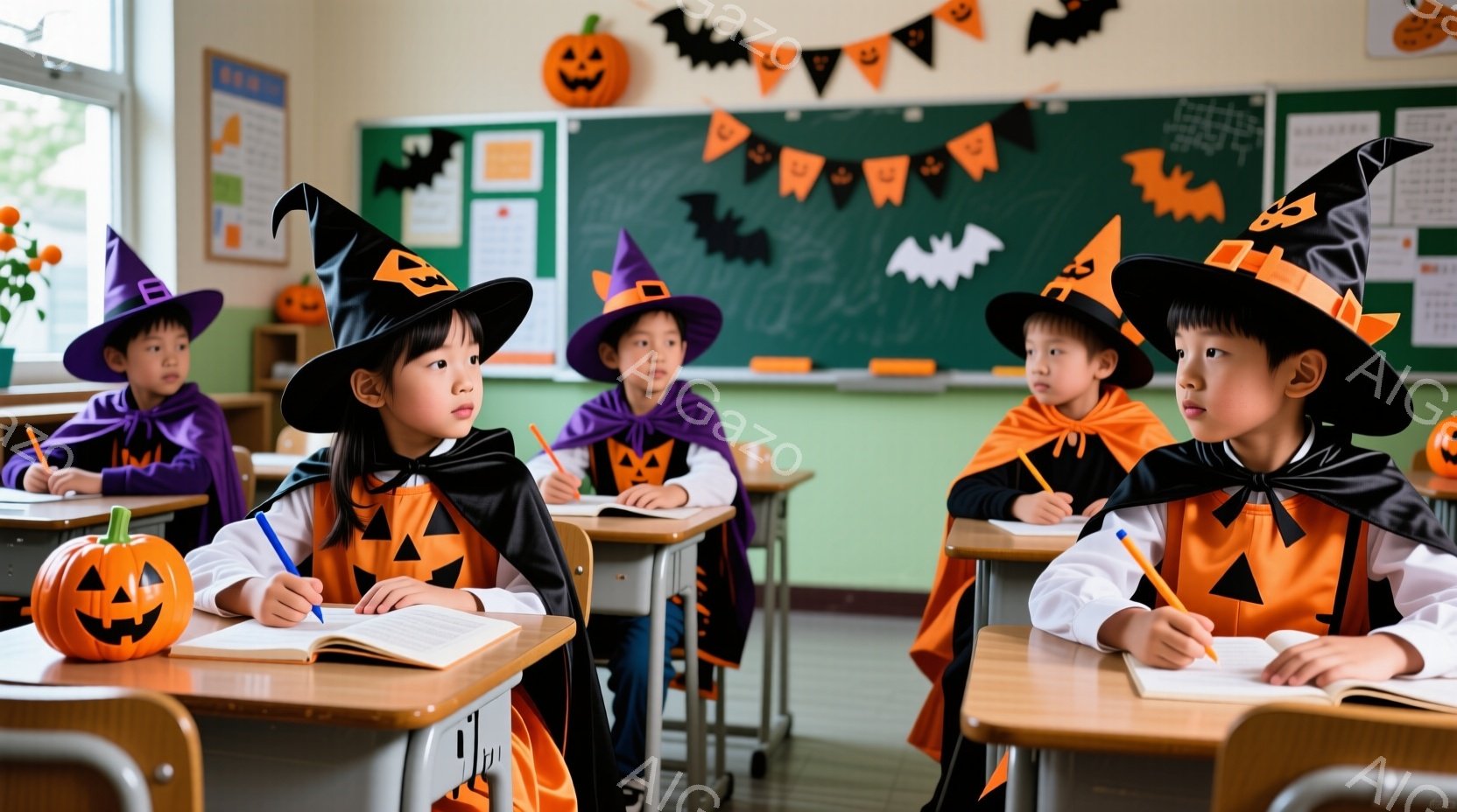 教室でハロウィーンの衣装を着た子供たちが机に向かって座り、ノートに書き込みをしている様子が描かれている。黒い魔女帽子とオレンジ色のマントを身につけ、真剣な表情で鉛筆を握り、集中して課題に取り組んでいる。背景にはハロウィーンの飾り付けがされ、黒いコウモリやオレンジ色のカボチャが教室を彩り、明るく楽しい雰囲気を醸し出している。