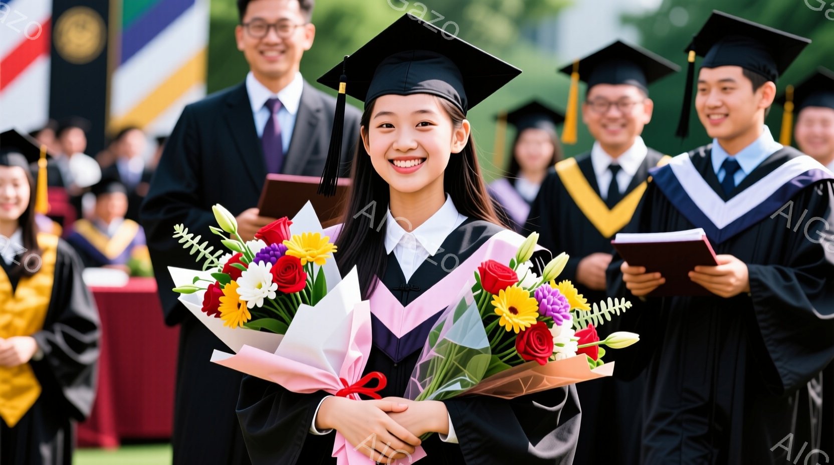 卒業式と思われる晴れた屋外で、黒いガウンと帽子を着用した若い女性が、色とりどりの花束を抱えて笑顔でカメラに向かって立っています。彼女は明るい表情で、自信に満ちた姿勢を見せており、背景には同じように卒業式でガウンを着た他の学生たちがぼやけて写っています。青空と緑の芝生が広がる背景は、喜びと希望に満ちた卒業の雰囲気を強調しています。