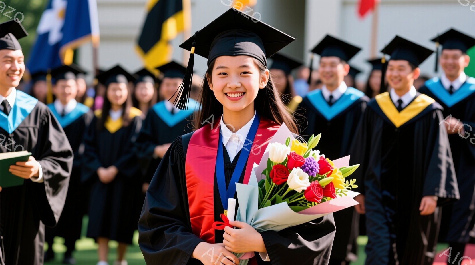 卒業式と思われる場面で、黒いガウンと赤い裏地、そして卒業帽子を身に着けた女性が正面に立っています。彼女は花束を抱え、満面の笑顔を見せており、周りには同じようにガウンを着た人々がぼやけて写っています。背景には建物や緑があり、晴天で明るい雰囲気の卒業式典の様子が伺えます。
