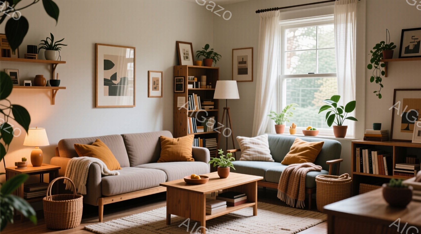 明るいリビングルームの画像です。窓からは自然光が差し込み、壁には抽象的なアート作品が飾られています。家具は木製で暖かく、クッションや植物がアクセントとなり、居心地の良い空間を作り出しています。 - AI生成フリー素材