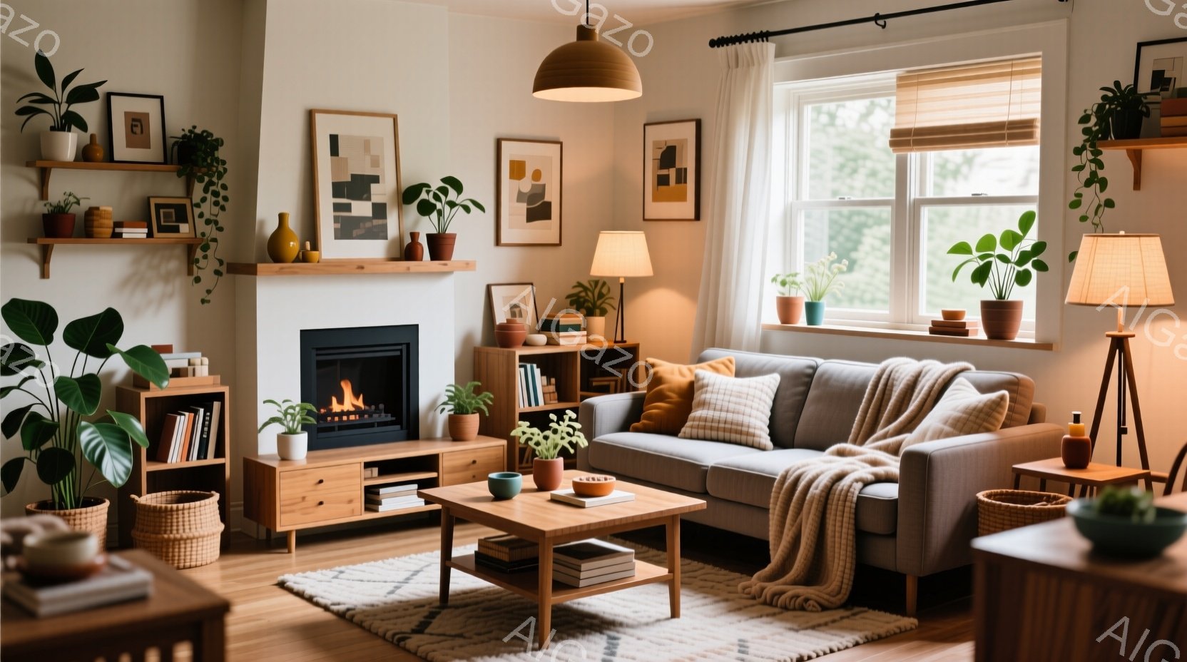暖炉のある居間には、灰色のソファと木の家具が配置され、観葉植物が豊かに飾られています。窓からは自然光が差し込み、全体的に温かく落ち着いた雰囲気で、オフホワイトと茶色の色調が調和しています。ラグやクッション、照明器具など、インテリアはモダンで居心地の良いスタイルです。