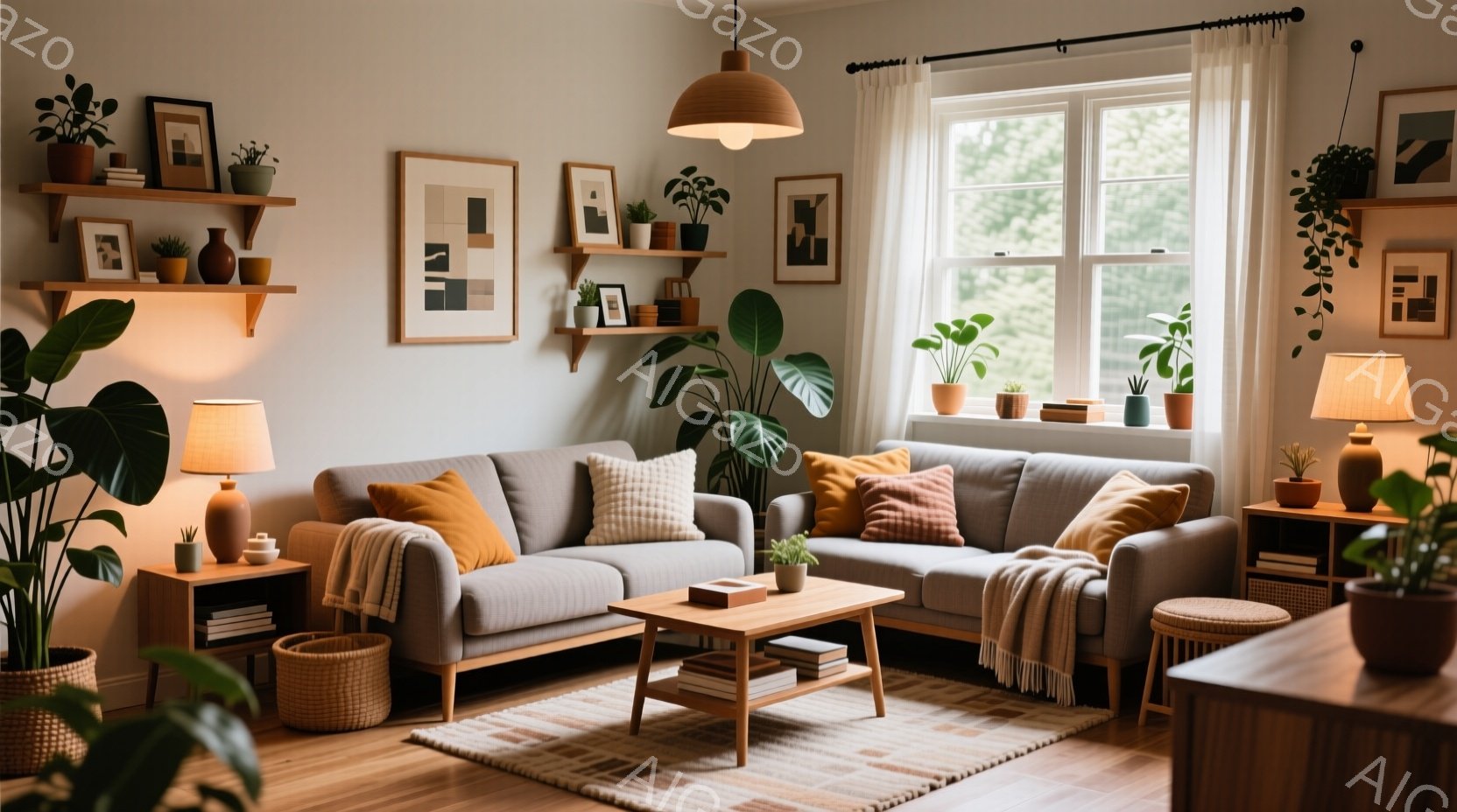 明るいリビングルームで、グレーのソファにオレンジとベージュのクッションが置かれ、温かみのある雰囲気を醸し出しています。窓辺にはたくさんの植物が飾られ、自然の光が差し込み、落ち着いた空間を作り出していま - AI生成フリー素材