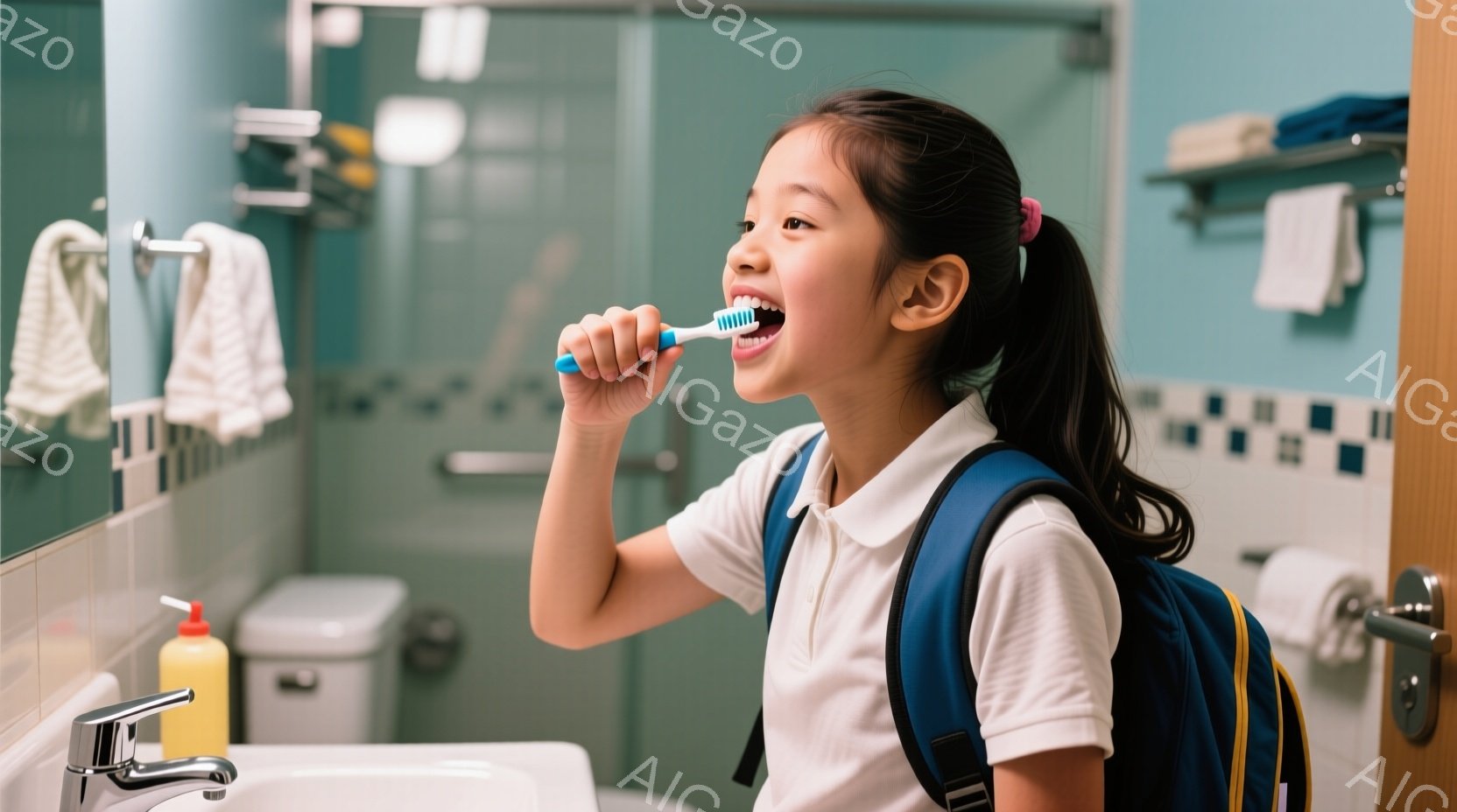 少女は洗面台の前で歯を磨いています。白いポロシャツに青いリュックサックを背負い、髪をポニーテールにしています。背景には白いタイルと洗面台、そしてタオルが掛けられた棚が見え、明るく清潔な雰囲気です。