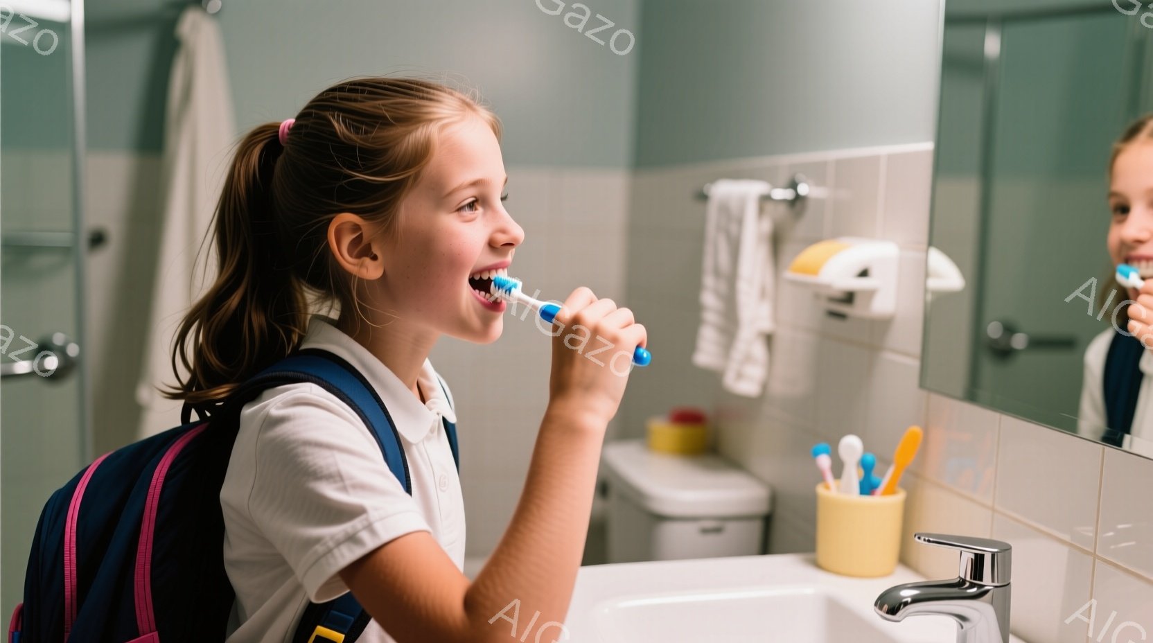 茶髪をポニーテールにした少女が、白いシャツと紺色のベストを着て、洗面台の前で歯を磨いています。彼女は口を大きく開けて笑顔を見せ、真剣な表情で歯磨きをしています。背景には白いトイレと、歯ブラシ立て、タオル掛けが見え、明るく清潔なバスルームの様子が伺えます。