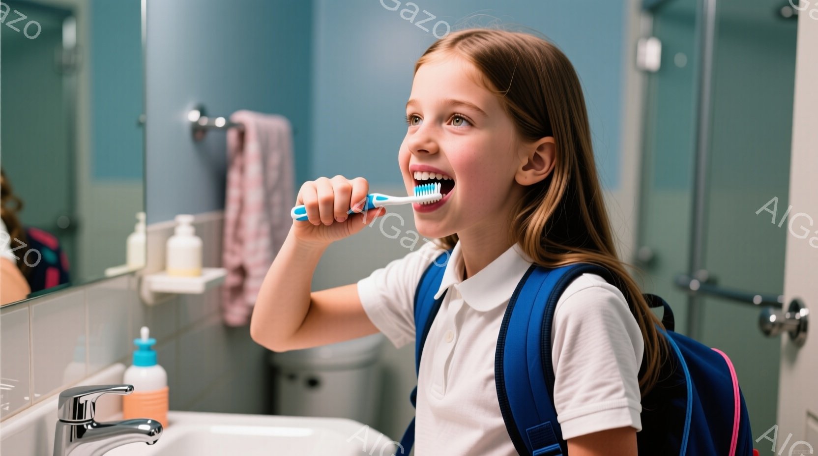小さな女の子が洗面台の前で歯を磨いています。彼女は白いシャツを着ており、肩には青とピンクのバックパックを背負っています。背景は明るい青色の壁と白いタイルの洗面台で、清潔感があり、日常的な朝のルーティンを描写しています。