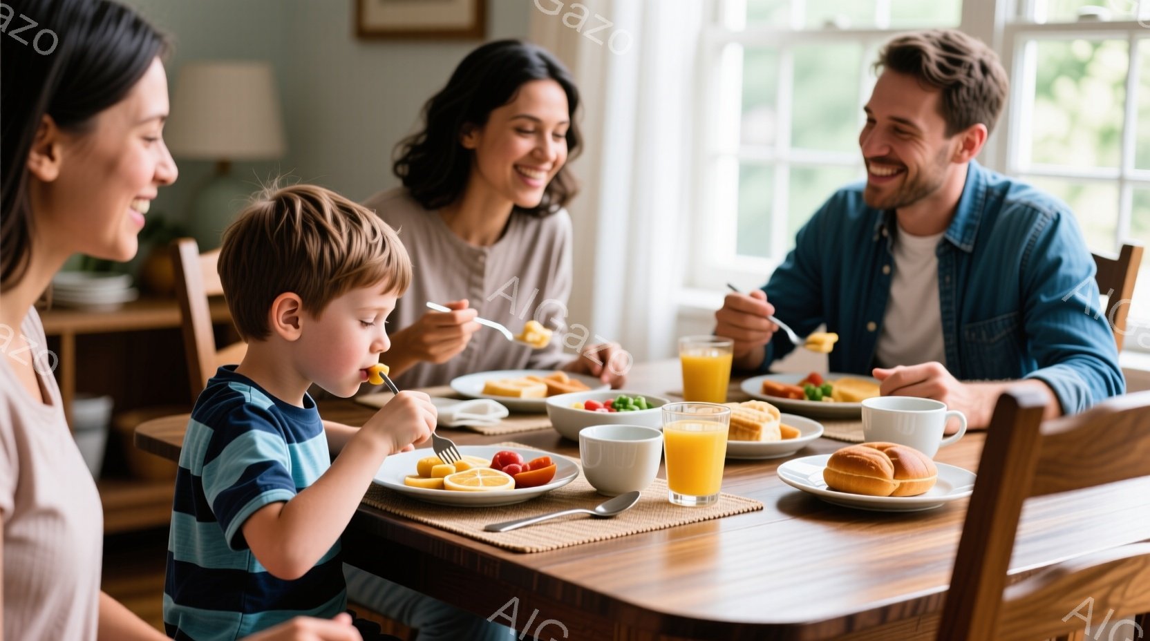 明るい食卓を囲んで朝食をとる家族が写っています。母親は長い髪を後ろでまとめ、笑顔で息子を見守っています。父親は青いシャツを着て、楽しそうに食事をしています。 - AI生成フリー素材