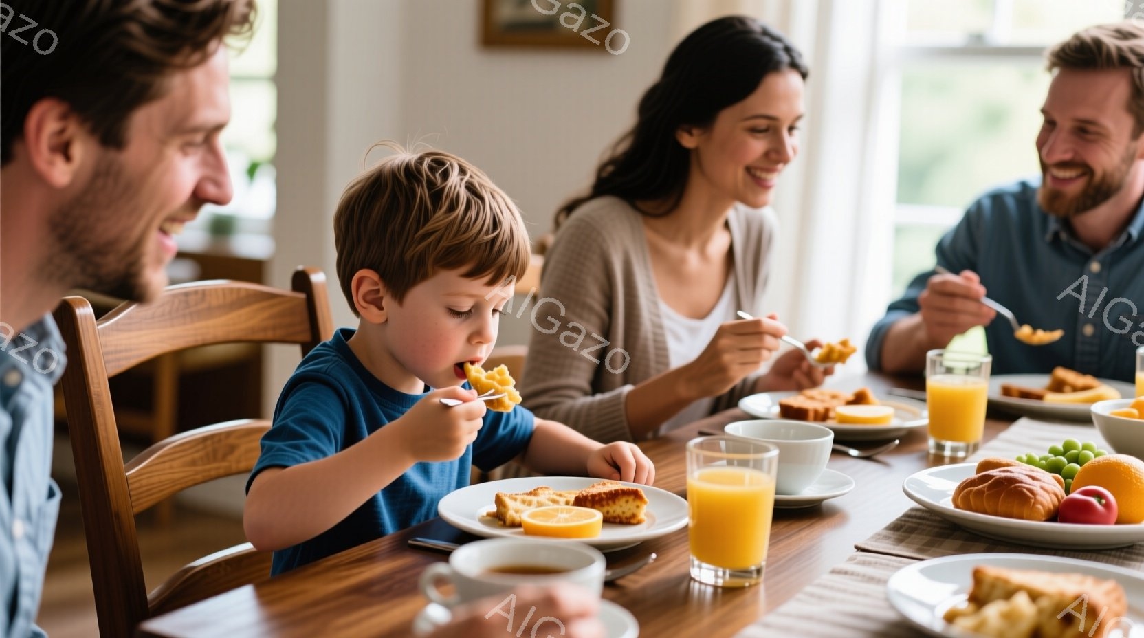 明るい食卓を囲んで家族が朝食をとっている様子が写っている。母親は長い茶髪を後ろにまとめ、微笑みながら食事をしている。子供は青いTシャツを着て、フォークで食べ物を口に運んでいる様子で、父親も笑顔で朝食を - AI生成フリー素材