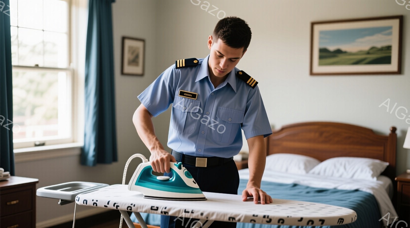 制服姿の男性が室内でアイロンがけをしている写真です。彼は明るい水色のシャツに黒いベルト、肩章をつけており、短髪で真剣な表情でアイロンを動かしています。背景にはベッドとナイトスタンド、壁にかかった絵画が見え、室内は明るく整頓されており、穏やかな雰囲気です。