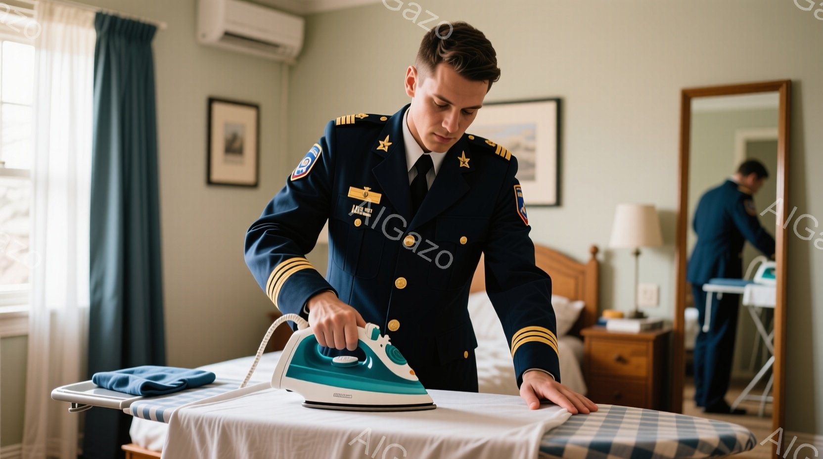 制服姿の男性がアイロンがけをしている写真です。紺色の制服には階級章や徽章がついており、ネクタイもきちんと締まっています。背景にはベッドと家具が見え、室内は落ち着いた雰囲気で、準備をしている様子が伺えます。