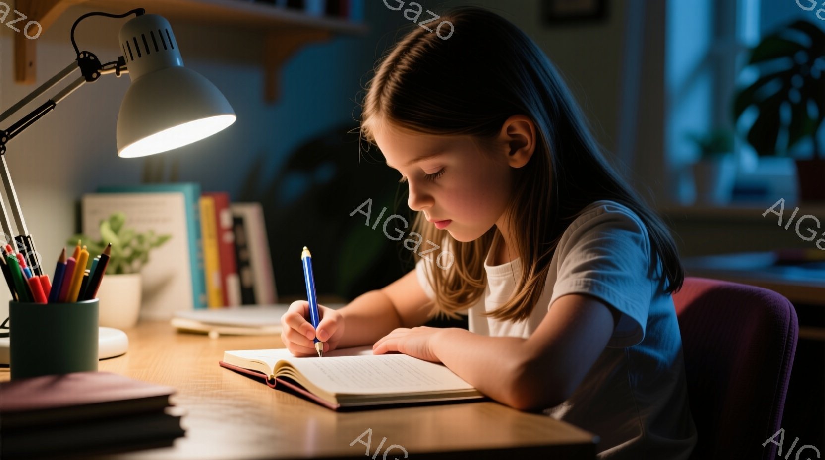 茶髪の少女が机に向かい、集中してノートに青いペンで書き込んでいます。彼女は白いTシャツを着ており、髪は肩まで伸びています。背景には本棚と植物が見え、暖かく落ち着いた雰囲気で、勉強に励む少女の姿が印象的です。