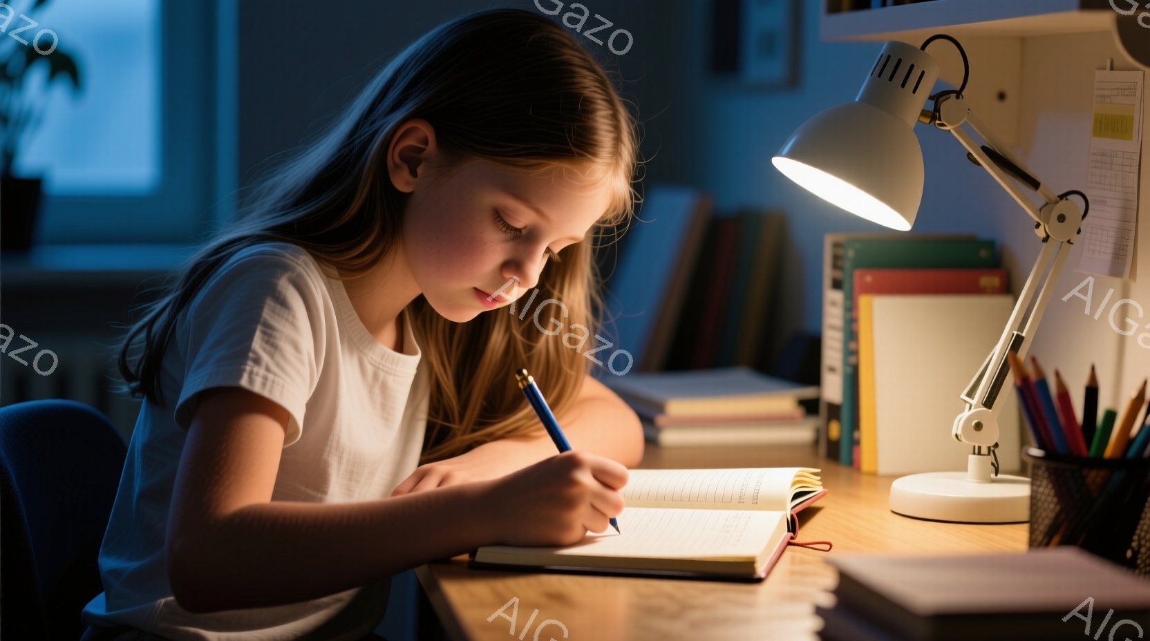 明るいデスクランプの下で、若い女の子が真剣な表情でノートに何かを書き込んでいます。彼女は白いTシャツを着ており、長く明るい髪は肩にかかっています。背景には本や文房具が整理されており、勉強に集中している - AI生成フリー素材