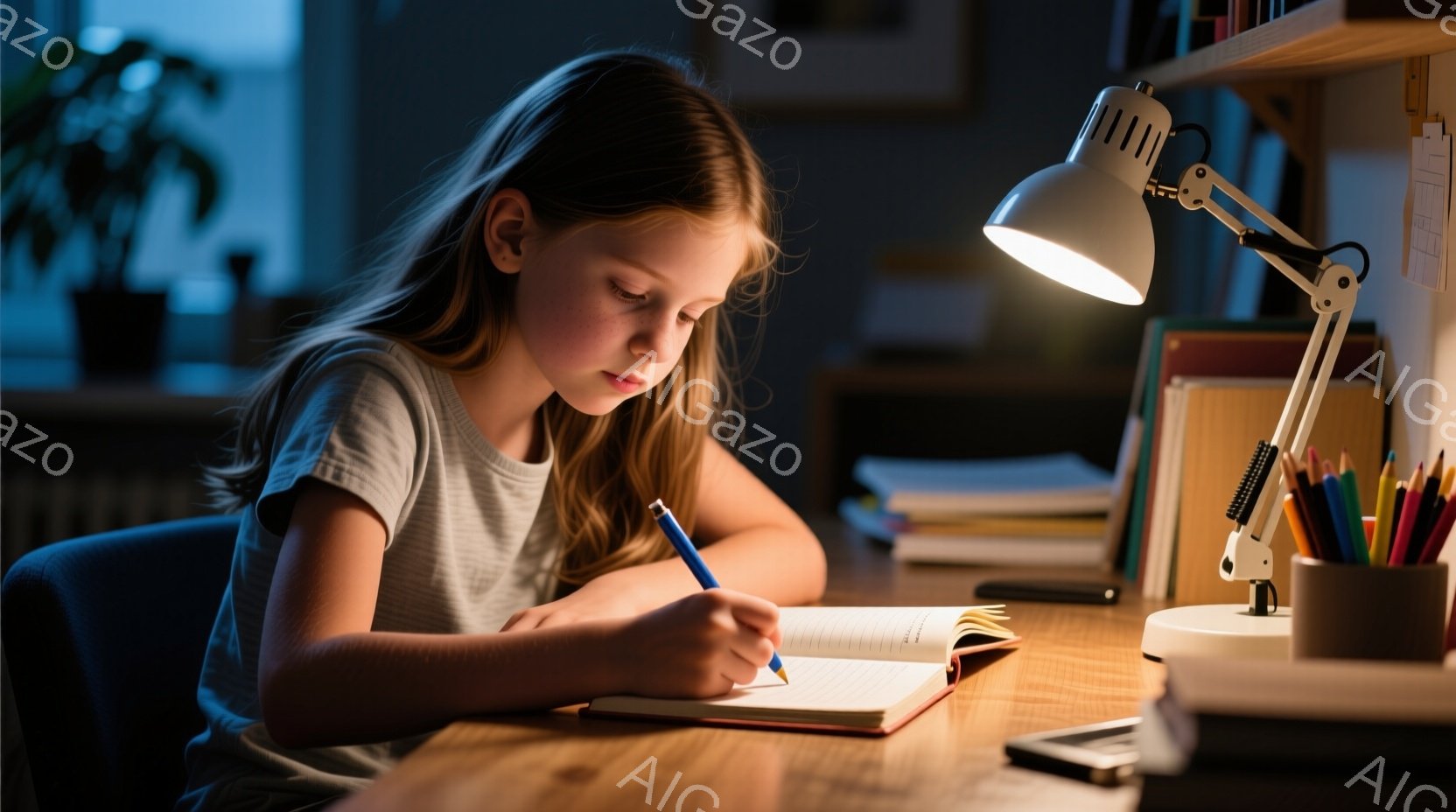 茶髪の少女が木製の机で宿題をしている。彼女はグレーのTシャツを着ており、集中した表情でノートに青いペンで書き込んでいる。背景には本棚や植物が見え、暖色系の照明が彼女の作業スペースを照らし、落ち着いた夜の学習風景を表現している。