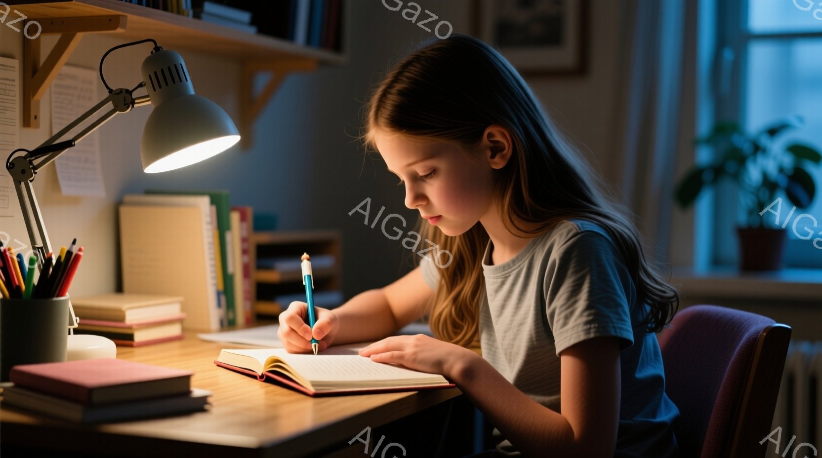 女の子が机で勉強している様子が写っている。彼女はグレーのTシャツを着ており、長い髪は肩にかかっている。集中した表情で、ノートにペンで書き込み、机の上には本や鉛筆、植物などが置かれている。 - AI生成フリー素材
