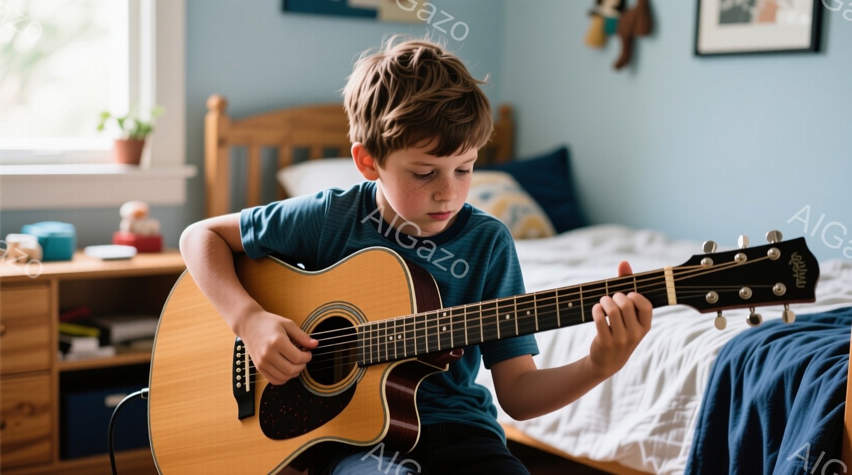 茶髪の少年がベッドに座ってアコースティックギターを弾いています。少年の表情は真剣で、指で弦を優しく押さえています。背景には木製のナイトスタンドと、柔らかい青色の壁が見え、部屋全体が温かく穏やかな雰囲気に包まれています。