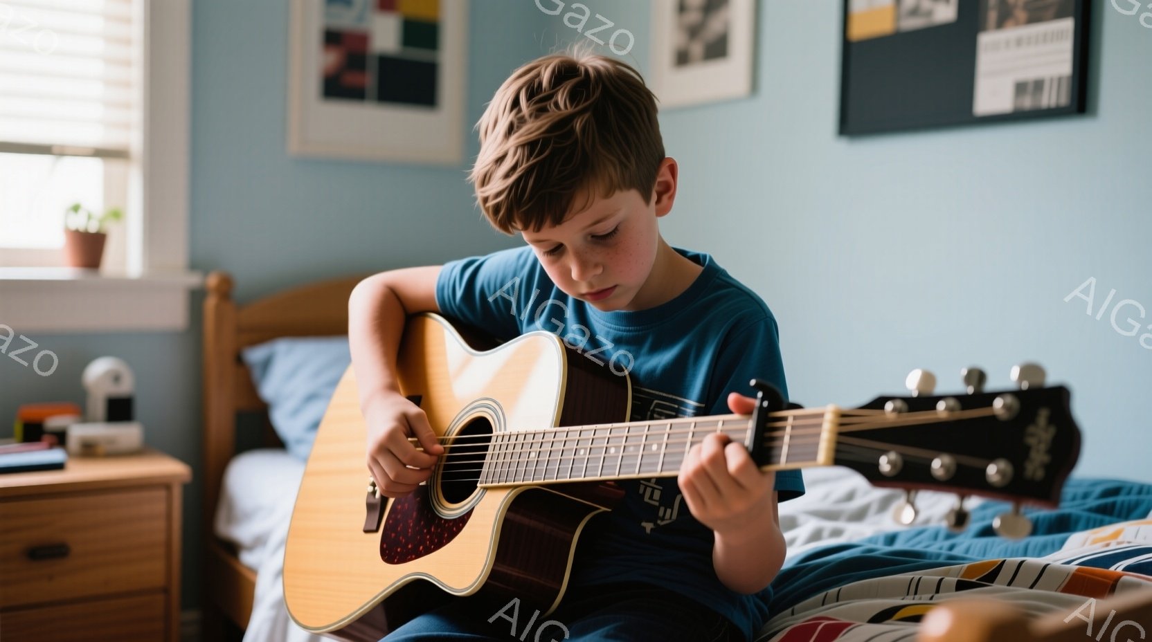 少年はベッドに座ってギターを弾いています。彼は青いTシャツを着ており、少しカールした茶色の髪をしています。背景には木製のナイトスタンド、抽象的な絵画、そして穏やかな光が差し込む窓が見え、全体的にリラックスした雰囲気が漂っています。