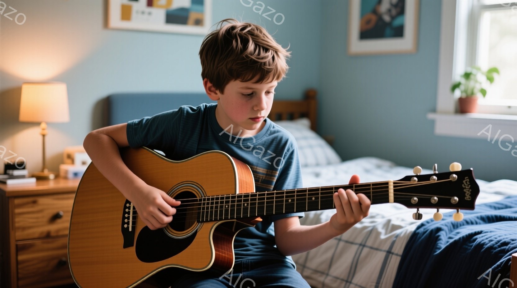 若い少年がベッドに座ってアコースティックギターを弾いています。彼は青いストライプのシャツを着ており、少し緊張した表情でギターの弦を抑えています。背景には木製のナイトテーブル、絵画、そして窓から差し込む - AI生成フリー素材