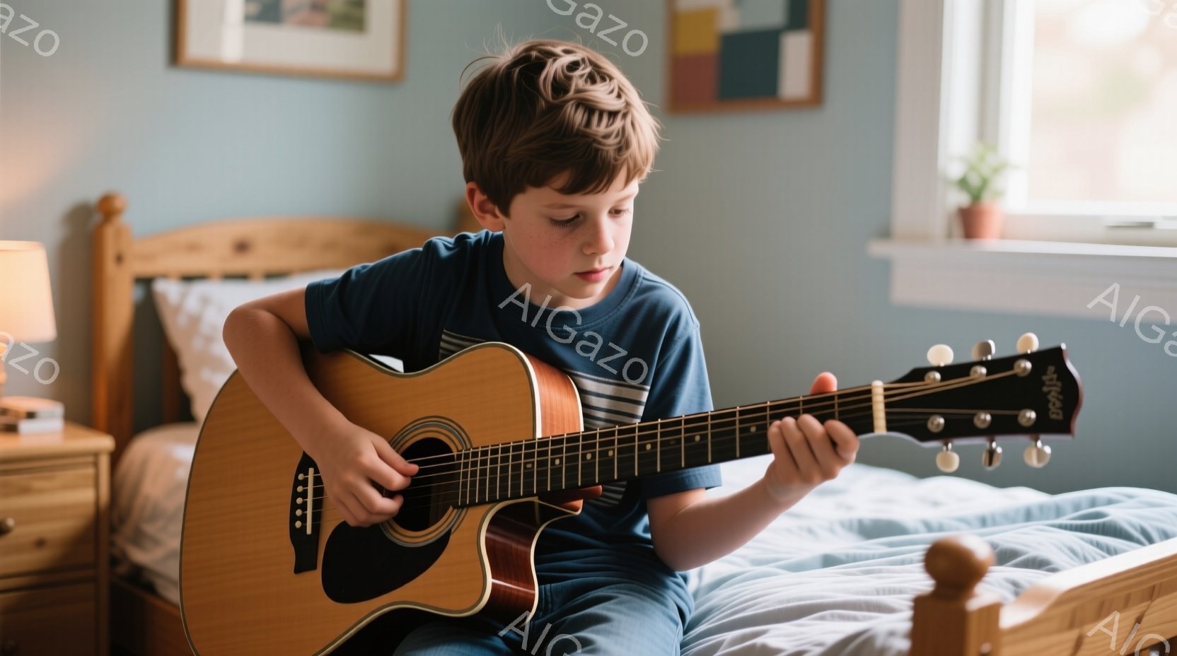 小さな少年がベッドに座り、アコースティックギターを演奏している。彼はストライプの青いTシャツとジーンズを着ており、少しうつむき加減で集中した表情をしている。背景には木製のナイトスタンド、絵画、そして穏やかな光が差し込む居室の一部が見え、全体的に温かく、落ち着いた雰囲気が漂っている。
