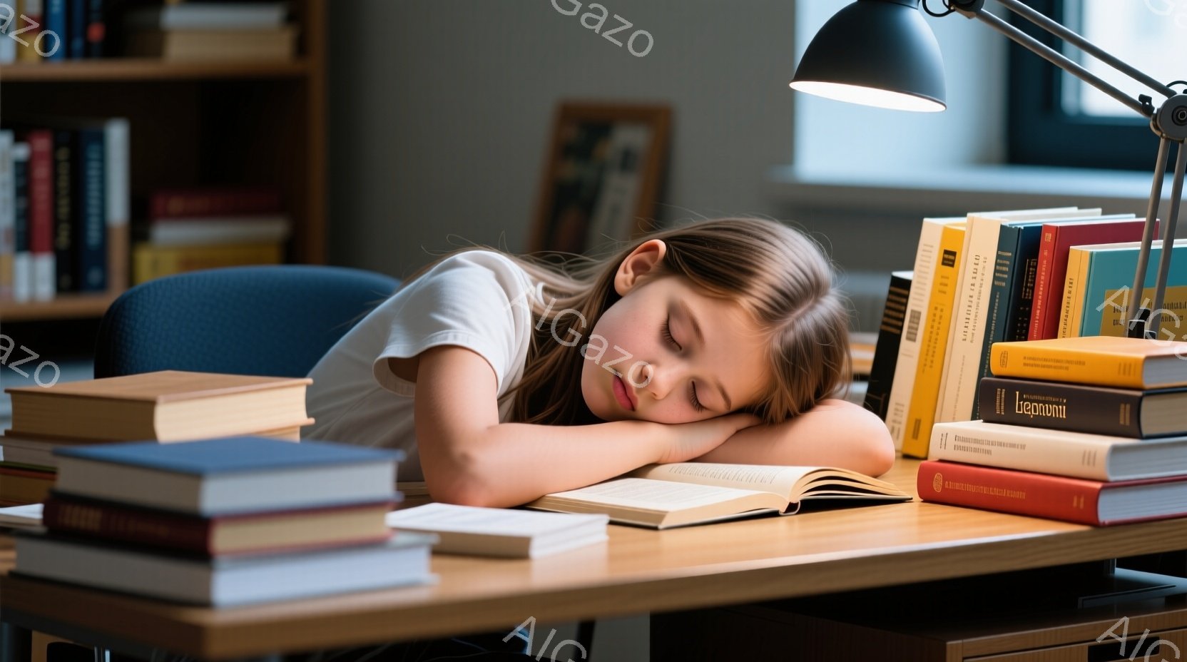 茶色の髪を無造作に下ろした少女が、机の上で本の上に頭を預けて眠っている。彼女は白いTシャツを着ており、表情は安らかで、まるで勉強に疲れてしまったようだ。背景には、色とりどりの本が積み上げられ、学習環境がうかがえるが、今は静寂に包まれている。