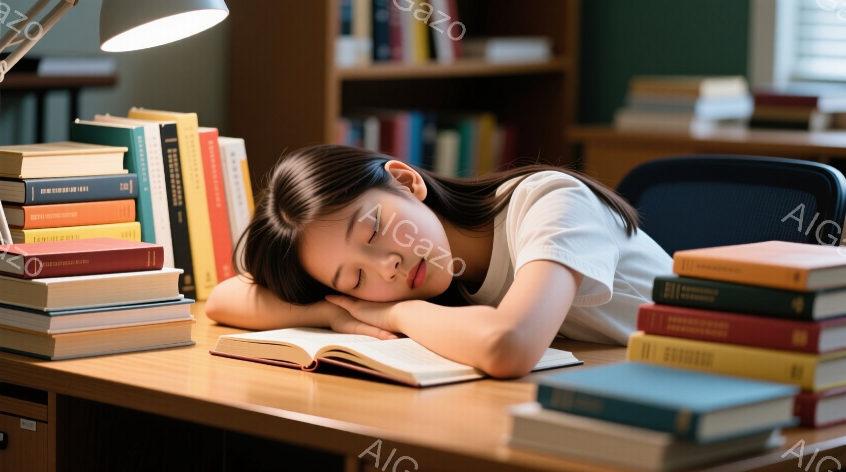 少女は机の上で眠っており、開いた本の上に頭を休ませています。彼女は白いTシャツを着ており、黒髪は自然に広がっています。背景には、たくさんの本が並んだ本棚と、落ち着いた色の机があり、学習に集中していた最中に疲れてしまったような、静かで穏やかな雰囲気が漂っています。