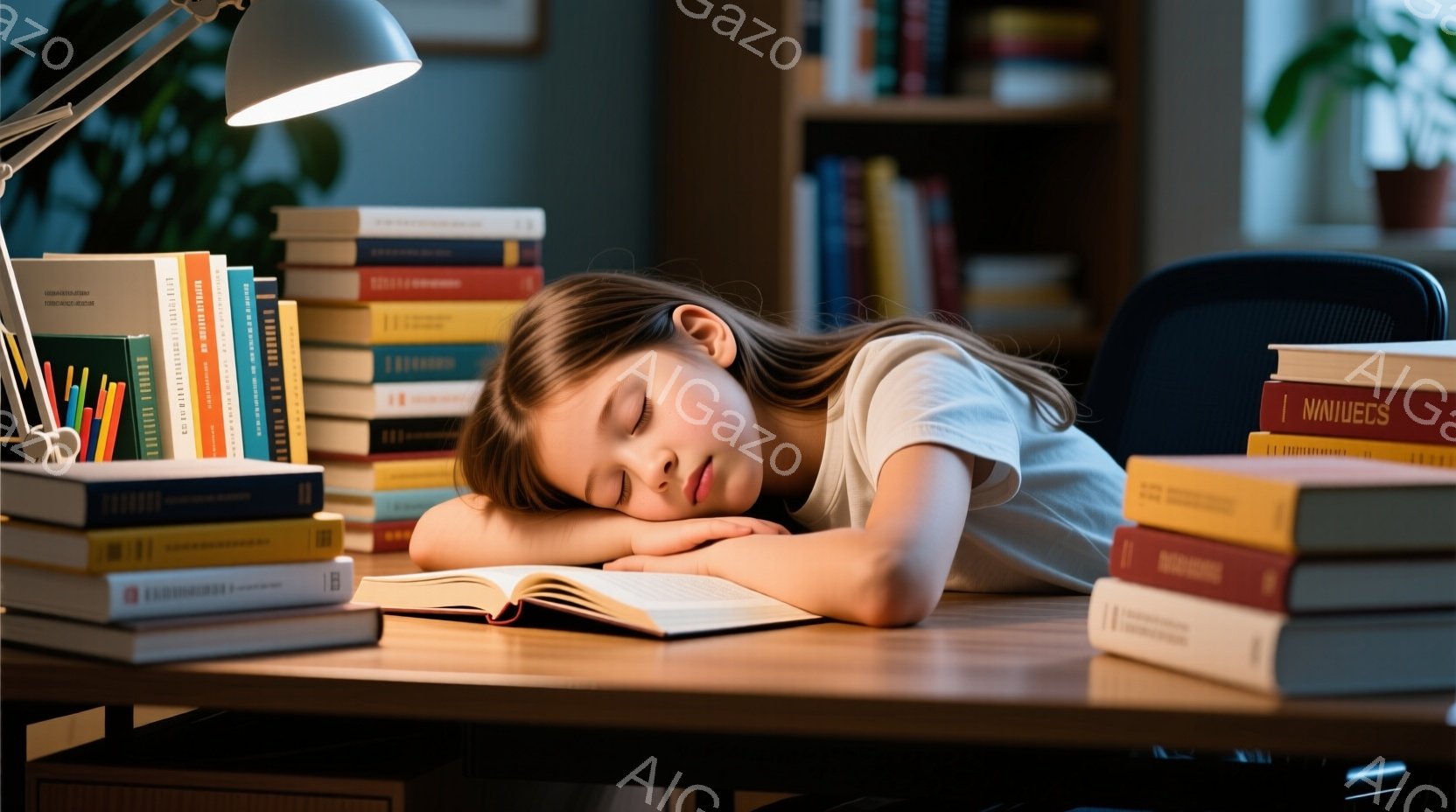 茶髪の少女が、積み上げられた本の上に頭を預けて眠っている。彼女はピンク色の長袖シャツを着ており、顔はリラックスして穏やかだ。背景には、本棚と観葉植物が見え、暖色系の照明が落ち着いた雰囲気を醸し出してい - AI生成フリー素材