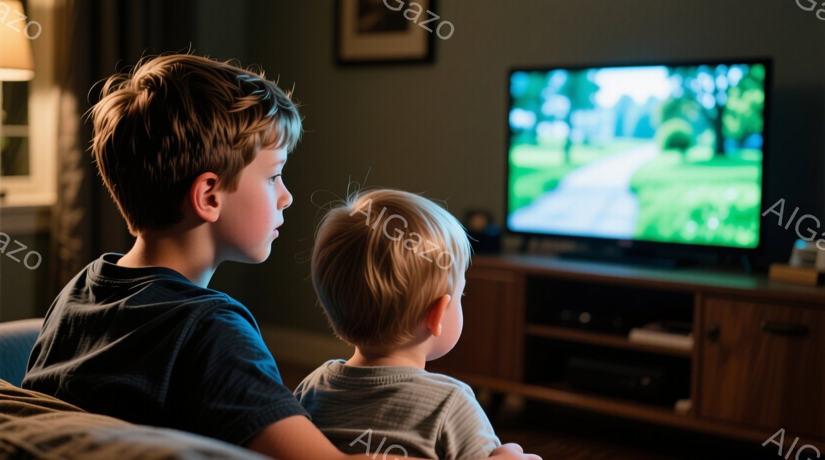 二人の少年がテレビを見ています。年上の少年は濃い青色のTシャツを着ており、短い茶色の髪をしています。後ろにいる少年は薄いグレーのTシャツを着ており、金髪で、両方ともソファに座ってテレビ画面に集中しています。