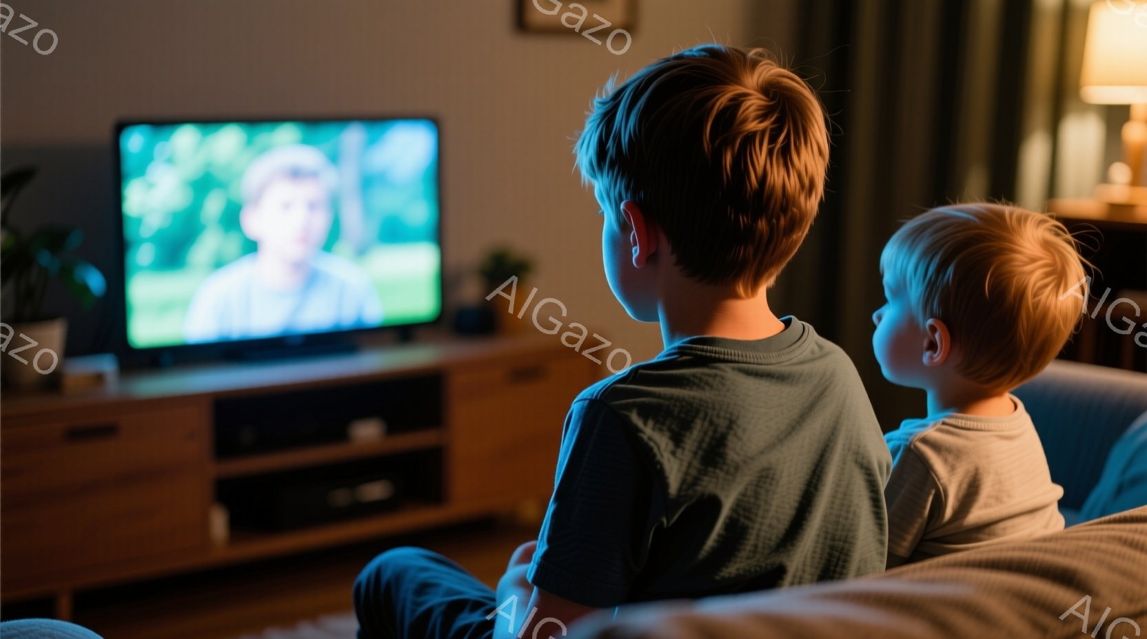 少年と幼い子供が、テレビに向かって座っている。少年は緑色のTシャツを着ており、後ろ姿のため表情ははっきりしないが、テレビに集中している様子がうかがえる。背景には木製のテレビ台があり、その上に置かれたテレビには人物が映っている。