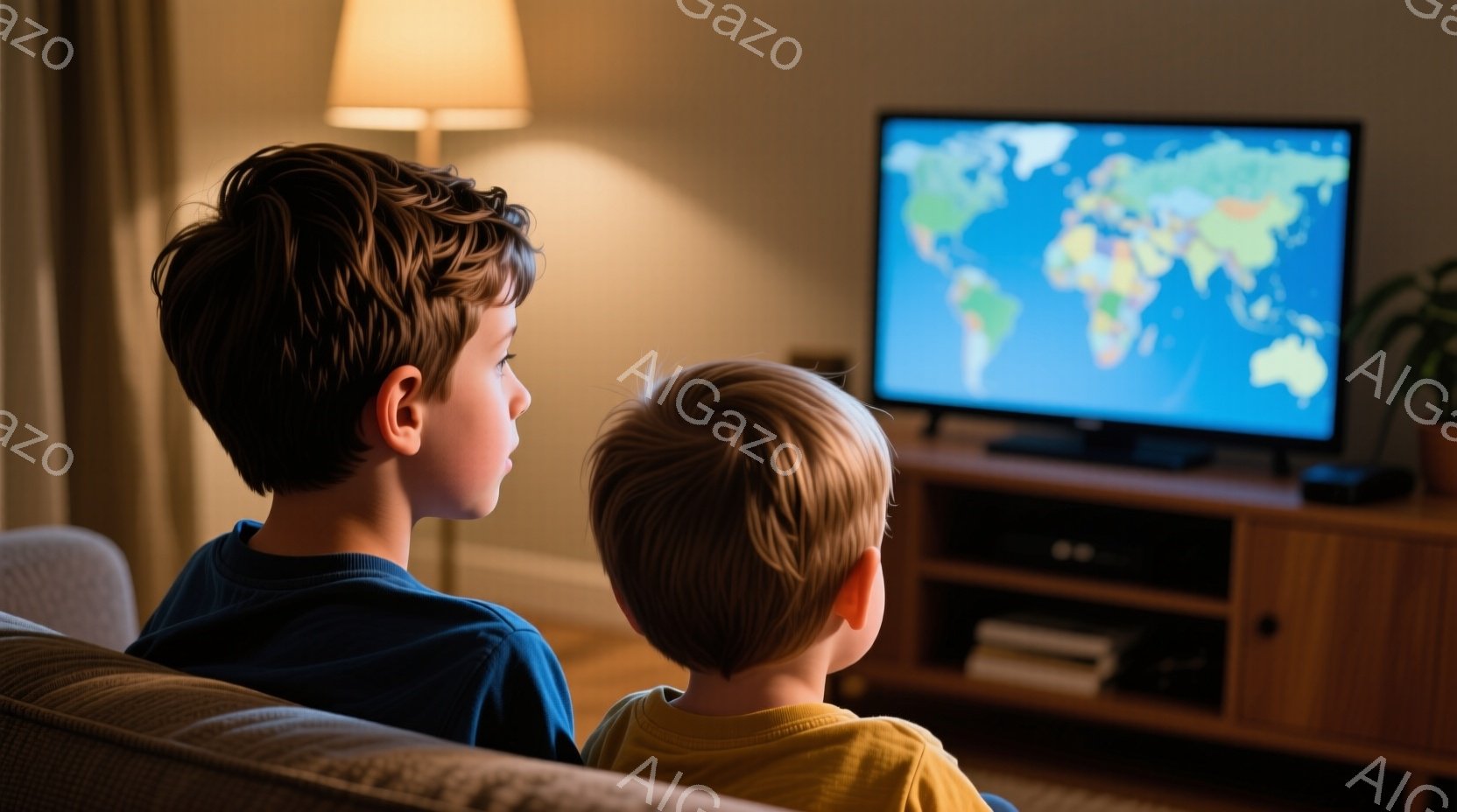 少年二人がソファーに座り、テレビを見ている。一人は濃い青色のシャツを着ており、暗い髪が後ろから見える。もう一人は黄色いシャツを着ており、明るい髪がふさふさとしている。背景には、木製の棚と観葉植物があり、落ち着いた家庭的な雰囲気が漂っている。