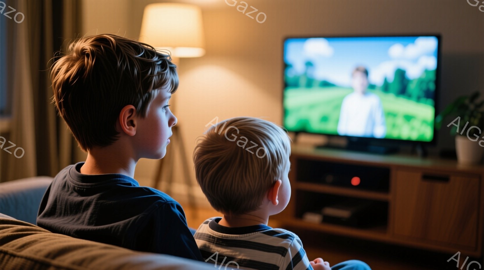 2人の少年がソファに座ってテレビを見ている。少年たちはそれぞれ異なる服装で、片方は濃い青色のシャツ、もう片方は白地に縞模様のシャツを着ている。背景には黒いテレビ台があり、その上にテレビが置かれている。