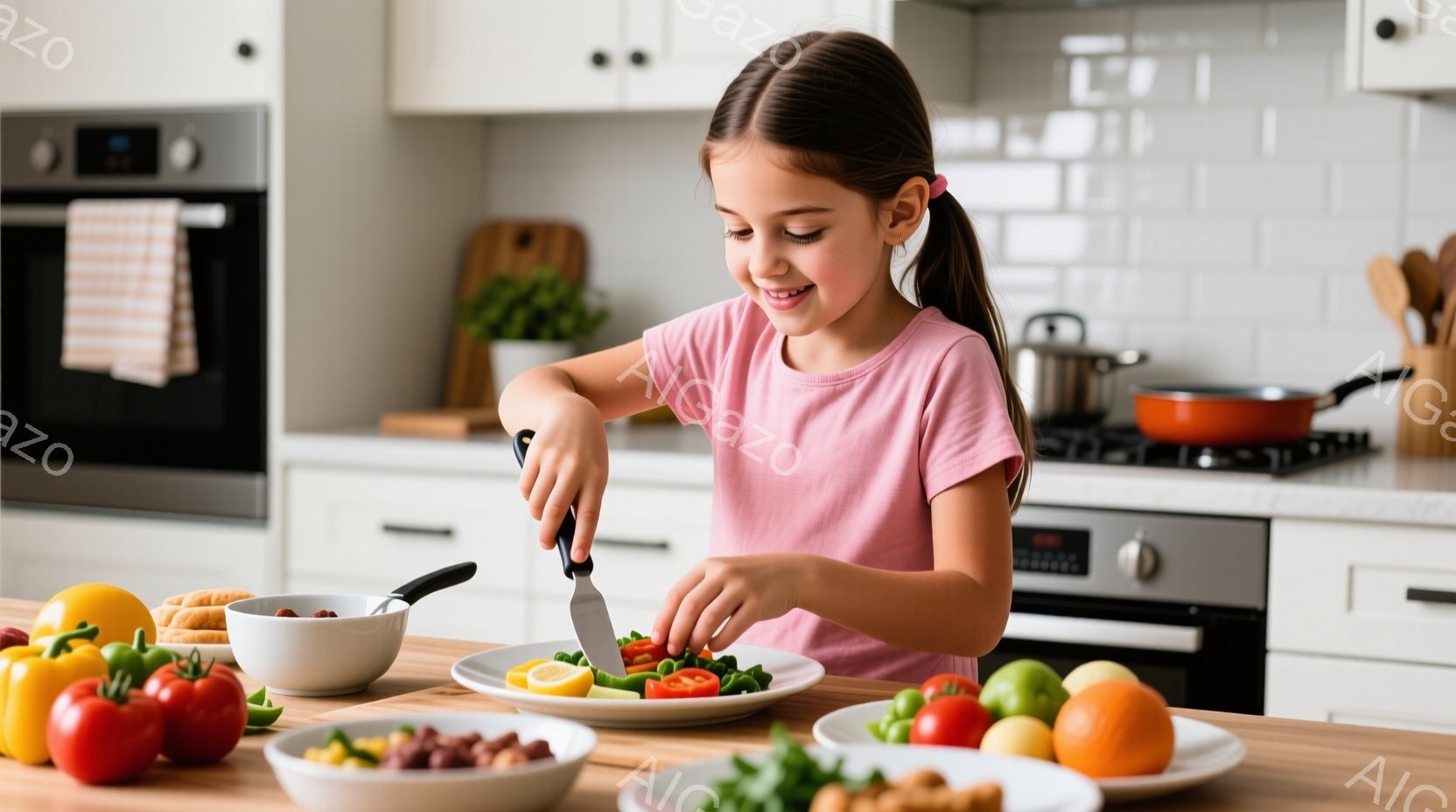 金髪の女の子がキッチンで野菜を切っています。ピンク色のTシャツを着ており、笑顔で前かがみになり、包丁でキュウリをスライスしています。背景には白いキャビネット、調理器具、そして果物や野菜が置かれた木製のテーブルがあり、明るく家庭的な雰囲気です。