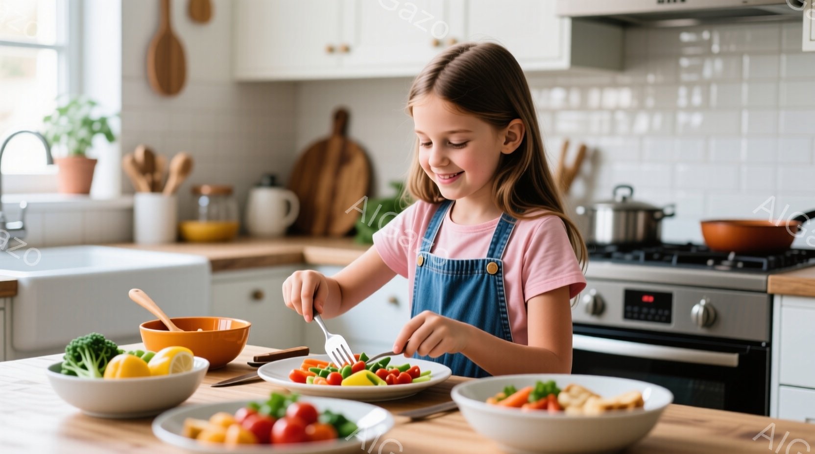 明るいキッチンで、少女が野菜を皿に盛り付けています。彼女はピンクのTシャツとデニムのオーバーオールを着ており、長い髪を後ろでまとめています。笑顔で、楽しそうに調理に取り組んでいる様子が伝わってきます。