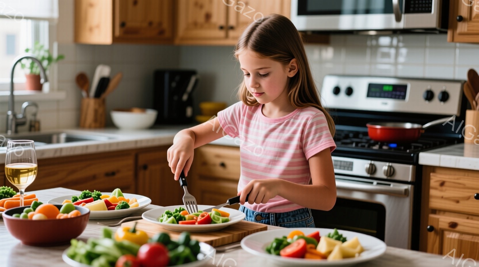 金髪で長い髪を結んだ少女がキッチンで野菜を切っています。ピンクと白の縞模様のTシャツを着ていて、真剣な表情でフォークとナイフを使ってカラフルな野菜を細かく刻んでいます。背景には木製のキャビネット、ステンレス製のオーブン、そして様々な果物や野菜が置かれたテーブルがあり、温かく明るい家庭の雰囲気が漂っています。