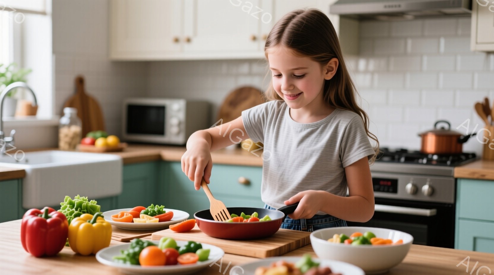 明るいキッチンで、少女がフライパンで野菜を炒めています。彼女はグレーのTシャツを着ており、髪は長く、ゆるく巻かれています。彼女は微笑んでおり、楽しそうに料理をしている様子が伺えます。