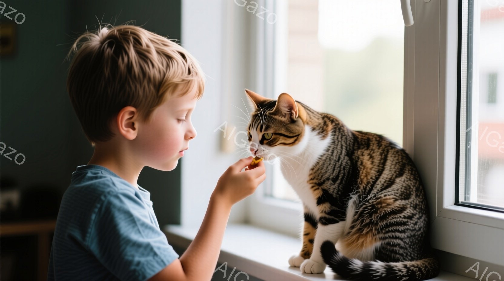 茶色の髪の少年が窓辺に座り、縞模様の猫にオレンジ色の食べ物を手から与えています。少年は青いTシャツを着ており、真剣な表情で猫を見つめています。背景には、曇り空の下の建物が見え、室内は穏やかで温かい雰囲気です。