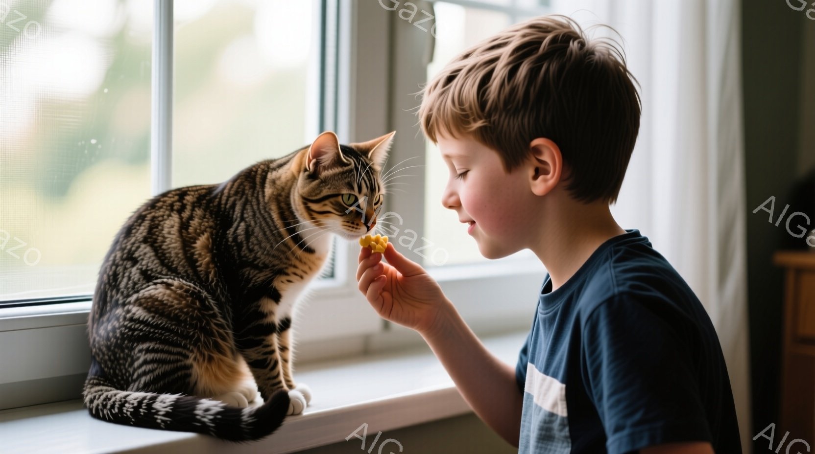 縞模様の猫が窓辺に座り、少年の方を見ています。少年は青い縞模様のシャツを着ており、何かおやつを猫に差し出そうとしています。背景にはぼやけた緑の木々と明るい日差しが見え、室内は温かく穏やかな雰囲気です。