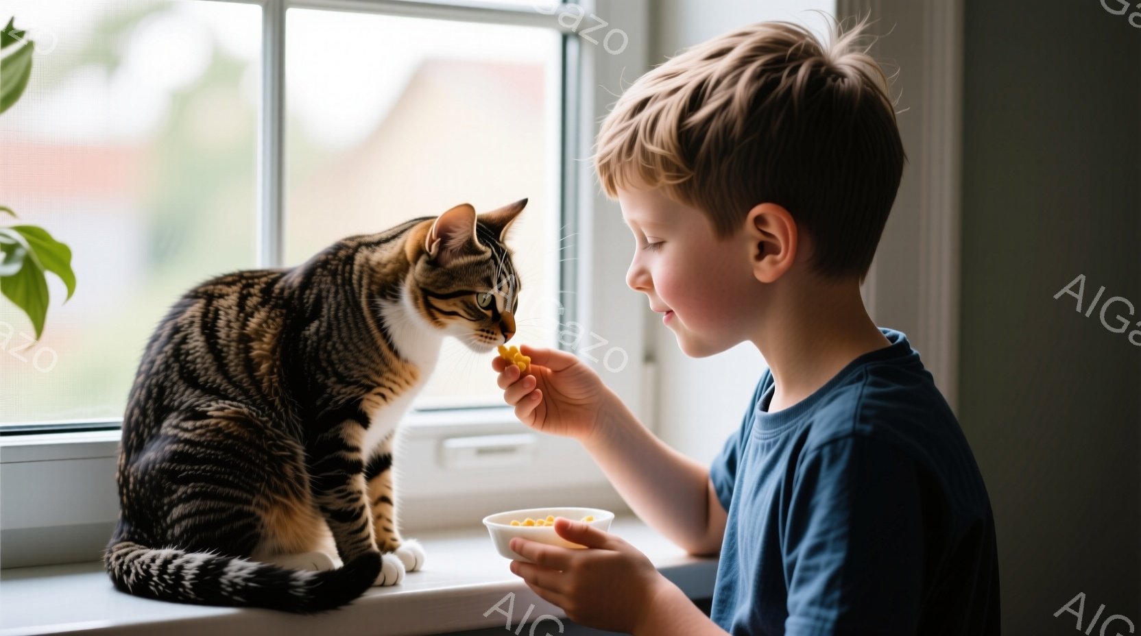 少年は青いTシャツを着て、猫にオレンジ色の小さなおやつを差し出しています。猫は縞模様で、前足で窓枠に立ち、おやつに興味津々な表情をしています。背景には建物が見え、光が差し込む室内は温かく穏やかな雰囲気です。