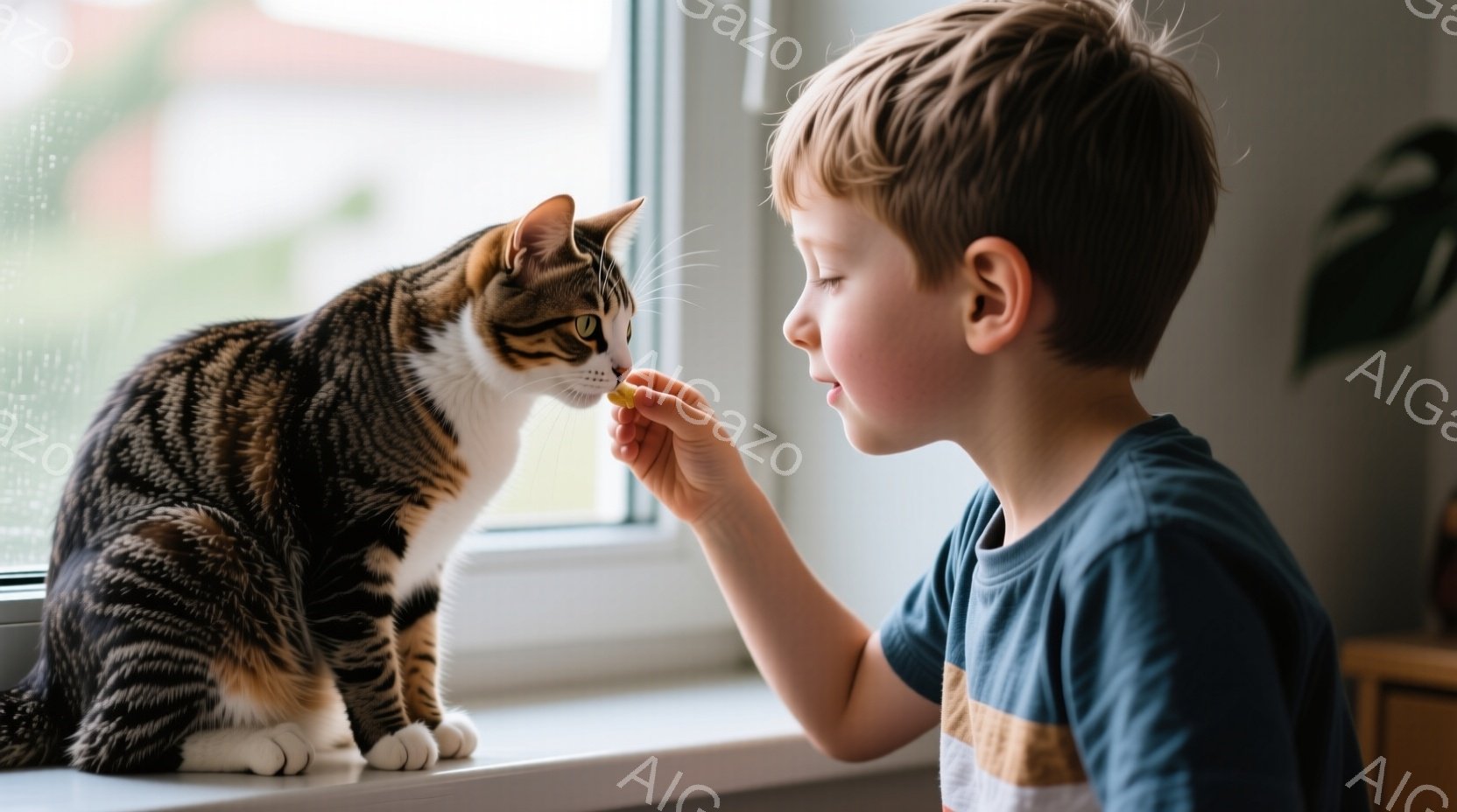 茶色の縞模様の猫が窓辺に座り、少年を見つめています。少年は青い縞模様のシャツを着ており、猫に小さなおやつを差し出そうとしています。背景にはぼやけた建物が見え、全体的に穏やかで親密な雰囲気が漂っています。