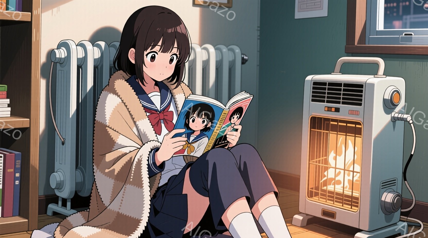 茶髪のショートヘアの少女が、冬の暖房器具の前に座って本を読んでいます。紺色のセーラー服に白いハイソックスを履き、オレンジ色の毛布を肩に掛けて暖を取っています。背景には本棚と窓があり、窓の外には夜景が広 - AI生成フリー素材