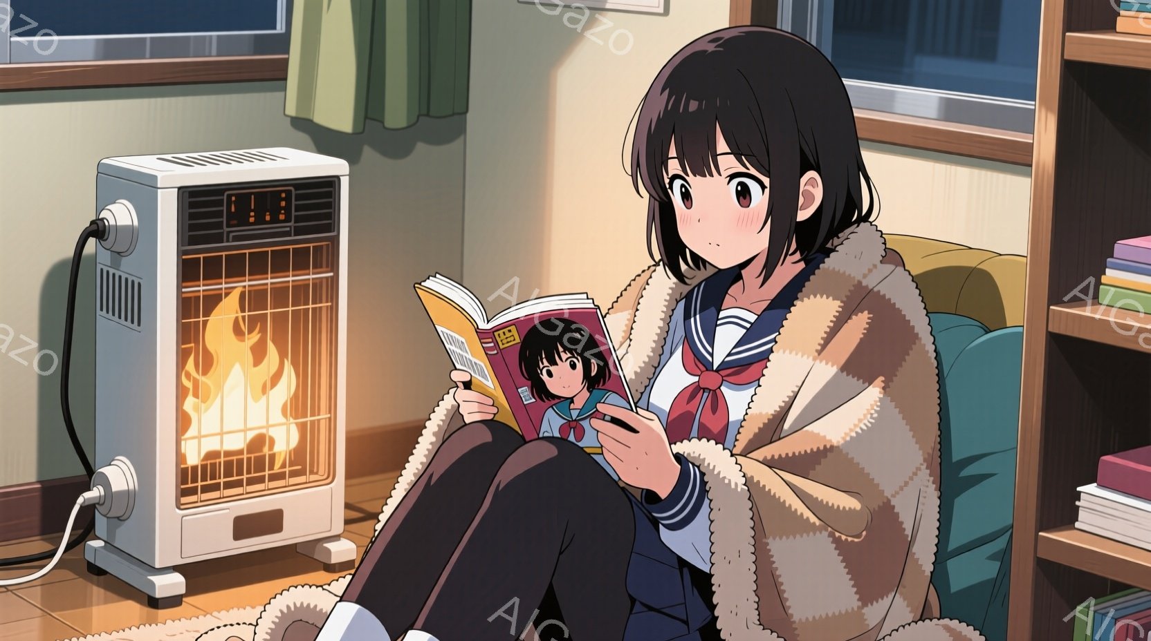 黒髪の少女が暖房器具の前に座って本を読んでいます。彼女はセーラー服とクリーム色のふわふわしたショールを身に着け、リラックスした表情で膝を抱えています。背景には本棚と窓が見え、温かく穏やかな冬の日の雰囲気が漂っています。
