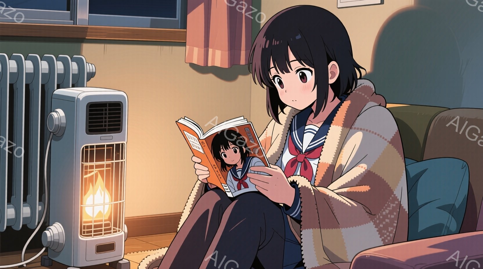 明るい色のセーターの上に紺色のブレザーを着た少女が、クリーム色の毛布にくるまってソファーに座り、本を読んでいます。彼女は黒髪のショートヘアで、少し頬を赤らめて微笑んでいます。背景には、オレンジ色の光を放つ石油ストーブと、暗い窓が見え、暖かく穏やかな冬の日の午後を思わせる雰囲気です。