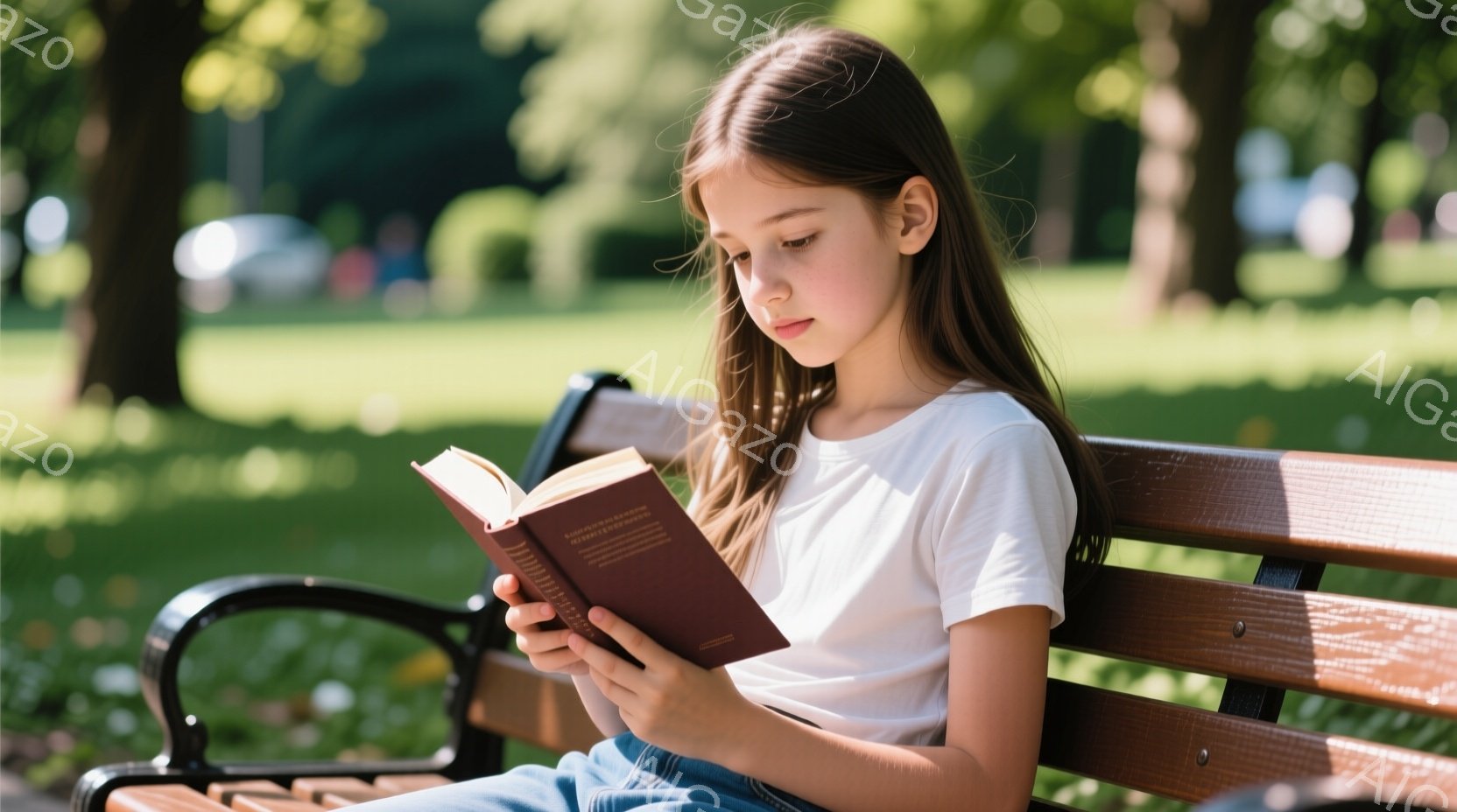 長い髪を後ろで一つにまとめた少女が、公園のベンチに座って本を読んでいます。白いTシャツとジーンズを着ており、集中した表情で本に視線を落としています。背景には緑豊かな木々と晴れた空が見え、穏やかで平和な - AI生成フリー素材