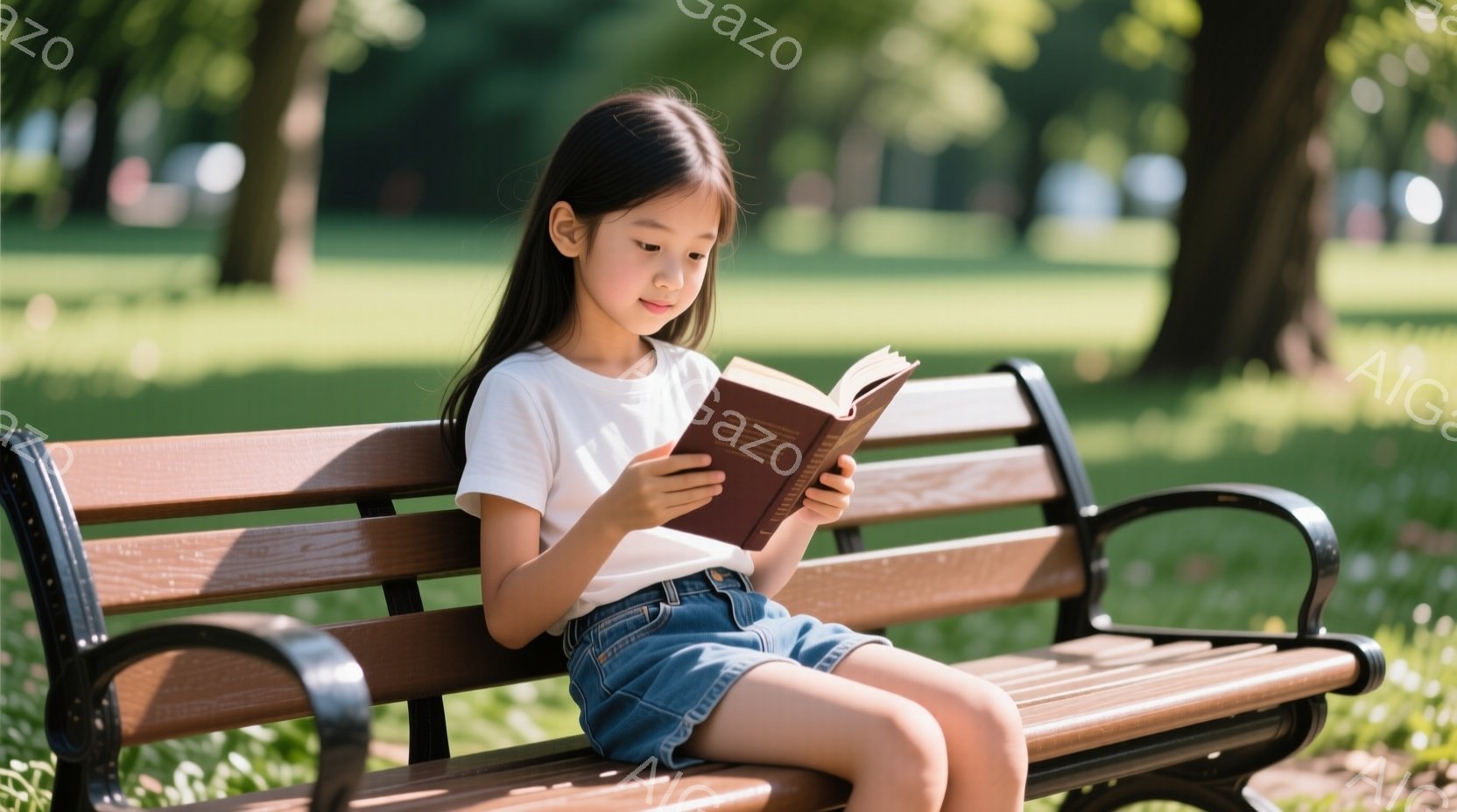 公園のベンチに座る少女が、膝の上で本を読んでいます。彼女は白いTシャツとデニムのショートパンツを着用し、長い黒髪を後ろに垂らしています。背景には緑豊かな草地と木々が広がり、晴天で穏やかな雰囲気です。 - AI生成フリー素材