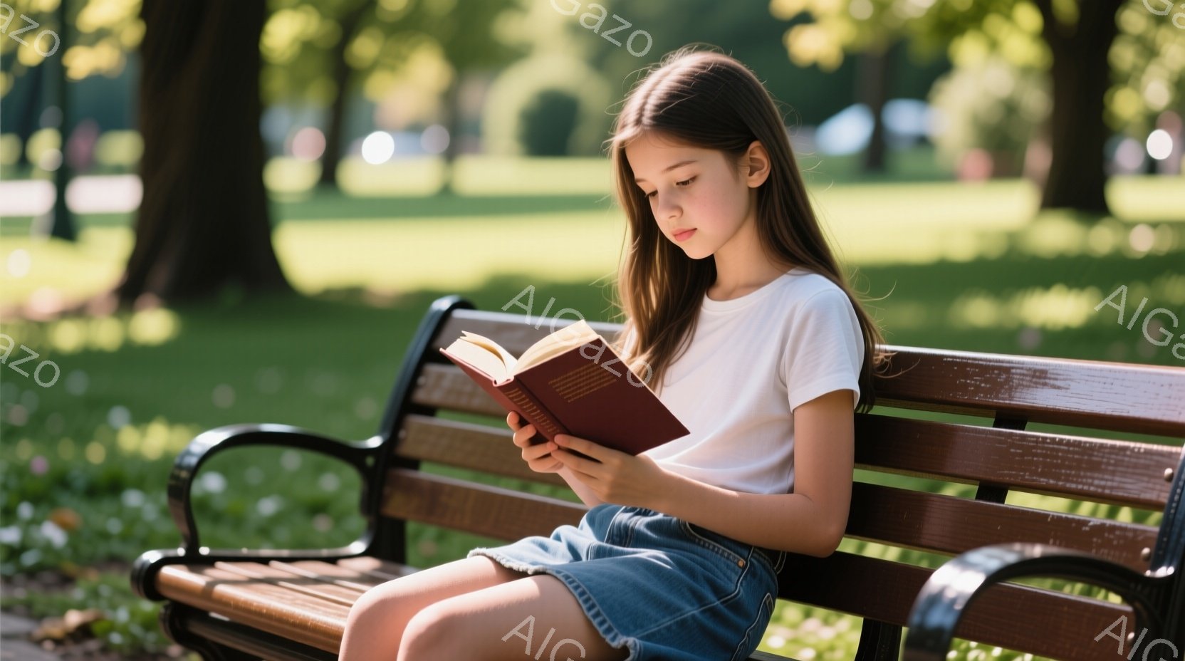 明るい緑の背景に、少女がベンチに座って本を読んでいます。白いTシャツとデニムのスカートを着用し、長い茶色の髪は肩にかかっています。集中した表情で本を見つめており、穏やかで平和な雰囲気が漂っています。 - AI生成フリー素材