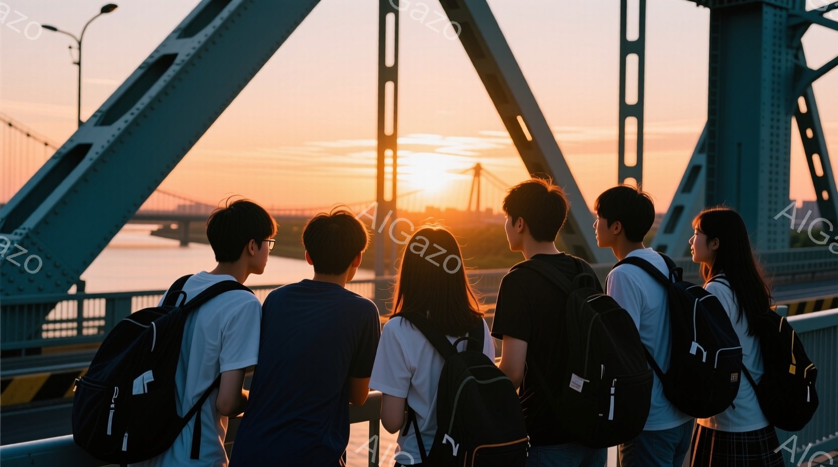 若者グループが橋の上で夕日を眺めている。彼らは皆、バックパックを背負い、カジュアルな服装で、後ろ姿のみが見える。夕焼け空はオレンジとピンクの色合いで、橋の金属構造と対照的で、穏やかでノスタルジックな雰囲気を作り出している。