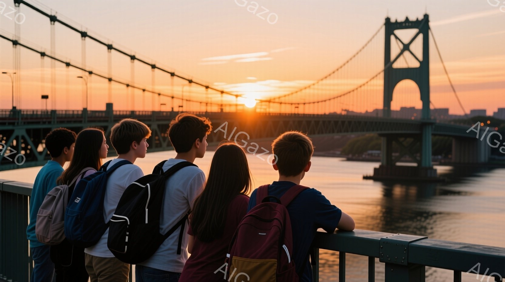 若者たちが橋の欄干に寄りかかり、夕日に照らされた川と橋を眺めている。それぞれリュックサックを背負い、カジュアルな服装で、髪型も様々で、後ろ姿のみのため表情は読み取れない。夕焼け空はオレンジと赤のグラデ - AI生成フリー素材