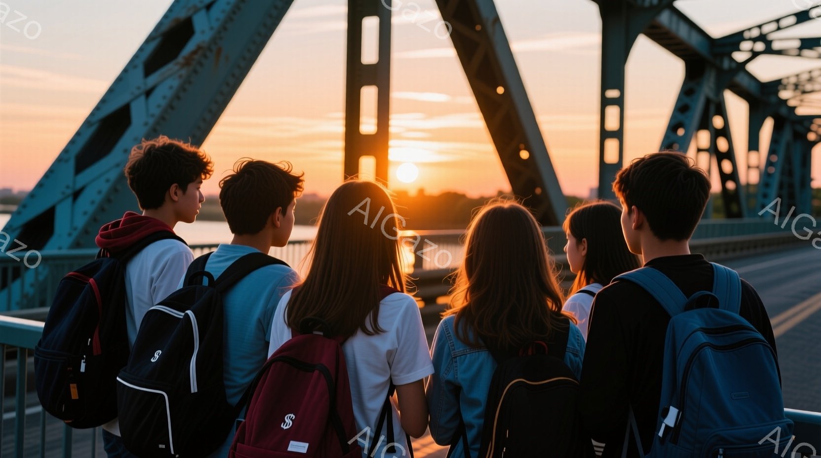 ５人の若者が橋の上に並んで立っており、皆後ろ姿で顔は見えません。彼らはそれぞれバックパックを背負っており、カジュアルな服装で、一人は赤いシャツ、他は白いシャツやデニムジャケットを着ています。背景には夕焼け空が広がり、橋の金属構造と相まって、温かくノスタルジックな雰囲気を醸し出しています。