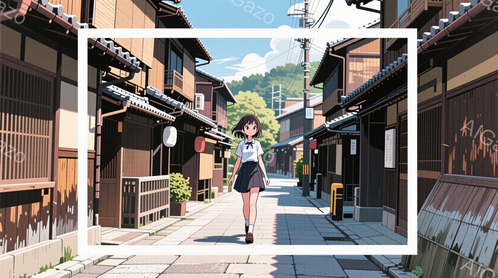古い町並みを歩く少女が描かれている。彼女は紺色のリボンと白いブラウス、プリーツスカート、膝下丈のソックス、茶色の靴を身に着けており、ショートボブヘアで、穏やかな表情をしている。背景には、伝統的な木造建築が密集し、晴天の下、緑豊かな山々が広がり、ノスタルジックで平和な雰囲気が漂っている。
