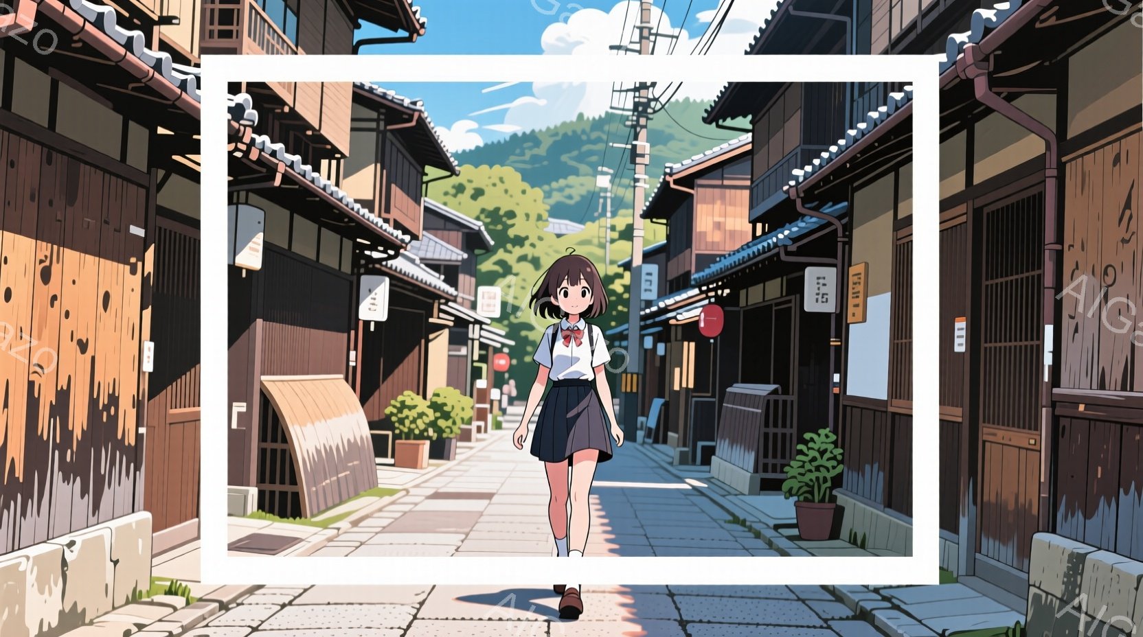 制服を着た若い女性が、古い街並みを歩いている様子が描かれています。彼女は茶色のショートヘアで、笑顔で前を見つめており、白いブラウス、濃い色のスカート、リボン付きのネクタイ、そして靴を履いています。背景には、木造建築が並び、緑豊かな丘と青い空が広がっており、晴れた日の穏やかでノスタルジックな雰囲気を醸し出しています。