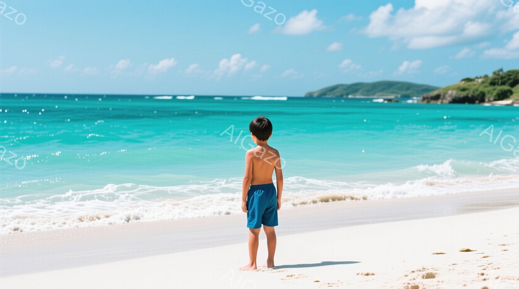 少年は青い水着を着て、白い砂浜に立っている。背中が見えるため表情はわからないが、海を眺めている様子から穏やかな雰囲気が感じられる。背景には青い海と緑の丘が見え、晴れた空の下、リラックスした夏の日の光景 - AI生成フリー素材